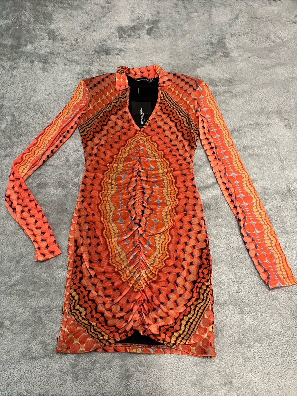 PrettyLittleThing Orange Patterned Long Sleeve Ruched Dress